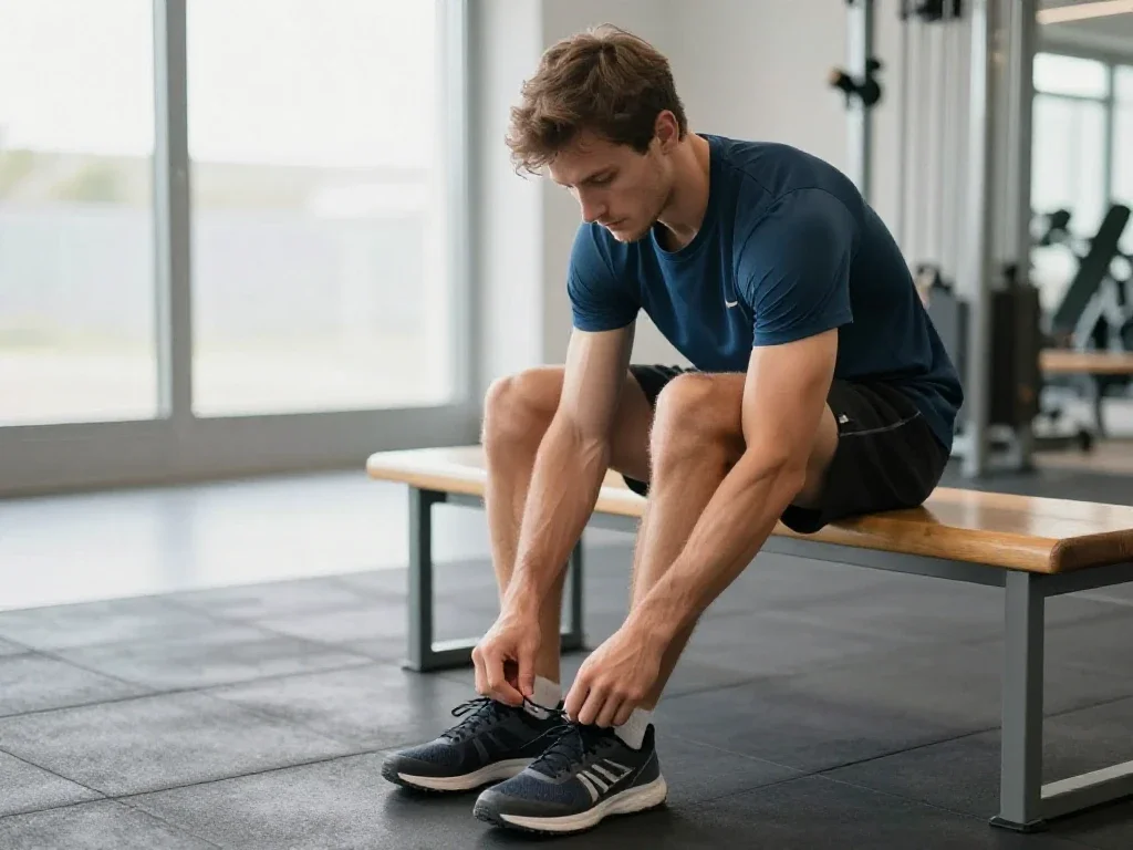 Un athlète français se prépare pour sa séance de sport dans une salle lumineuse.