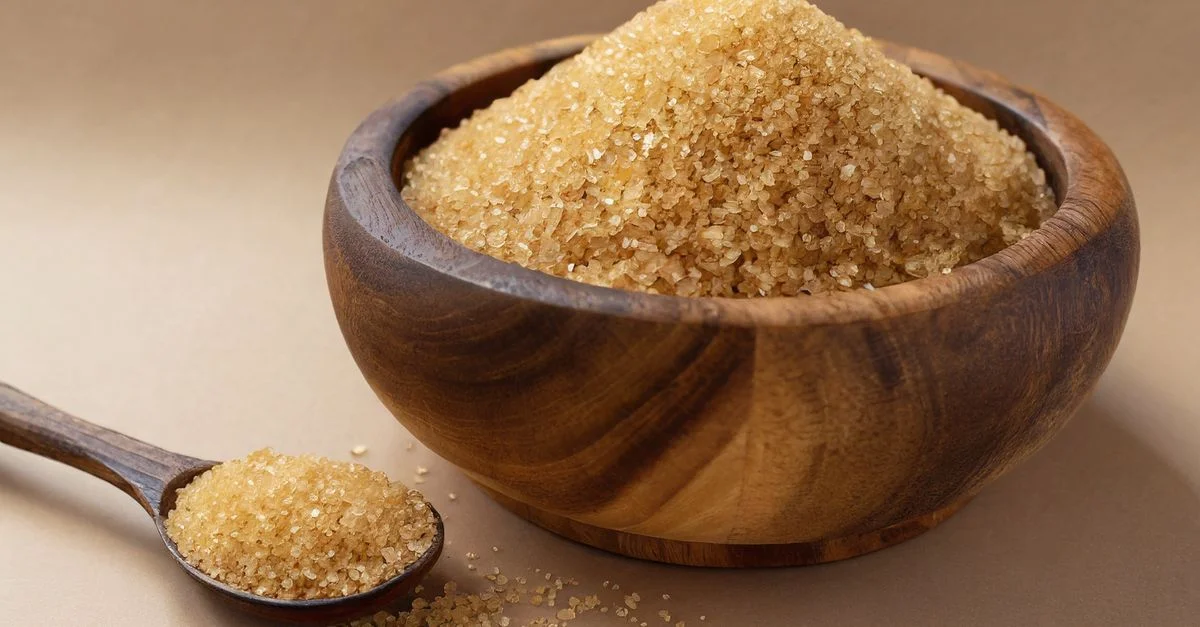 Gros plan sur du sucre brun brut dans un bol en bois rustique avec une cuillère, sur un fond beige.